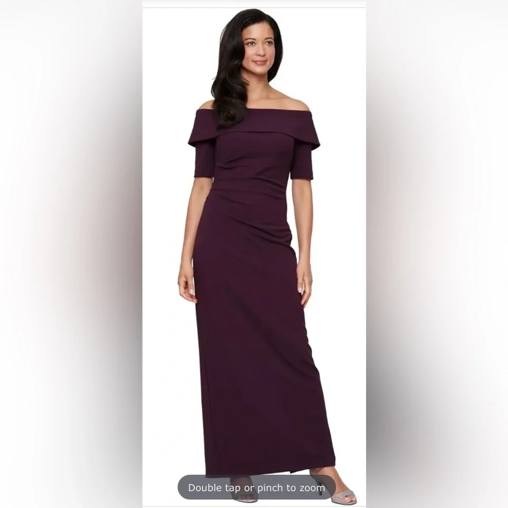 🪻Stretch Crepe off-the-Shoulder Gown, Aubergine, 8 - Picture 1 of 5